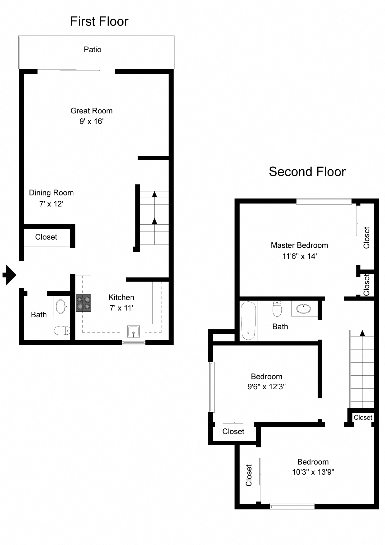 Floor plan for 3 beds, 1.5 baths, 1113 sqft
